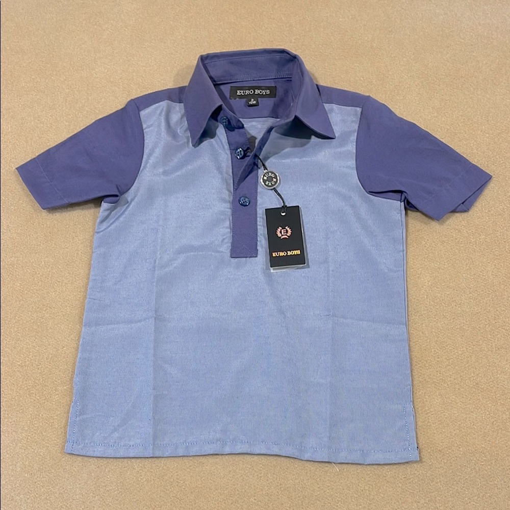 BNWT EURO BOYS TWO TONE BLUE SHORT SLEEVE COLLAR DRESS SHIRT SIZE 2 YEARS (2T)
